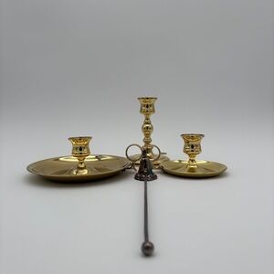 Pre-Owned 3 Elegant Brass Candle Holders With Finger Holder And Fire Snuffer